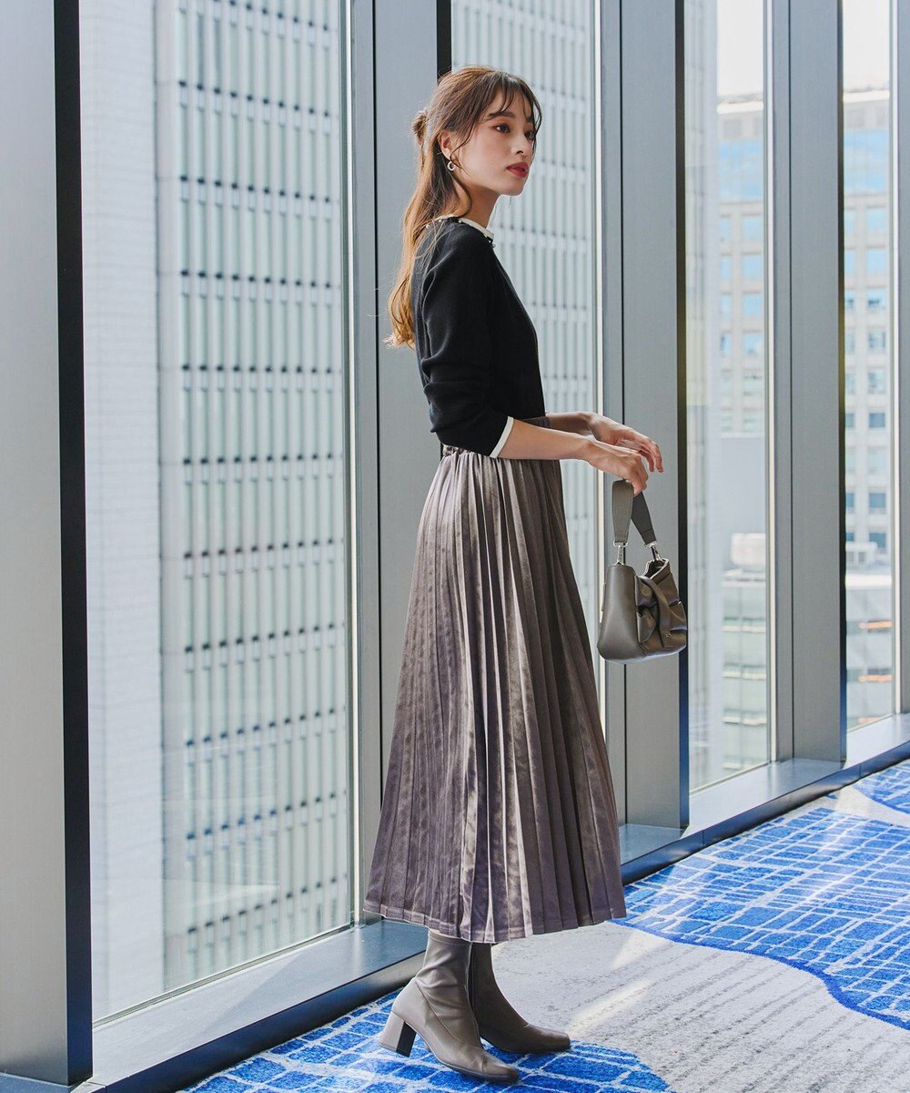 Tiaclasse L 【洗える】襟パール配色ニットトップス 