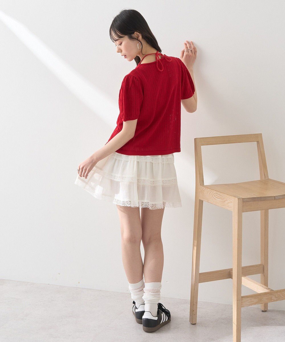 earth music&ecology 透かし編みフロントリボンカーディガン 