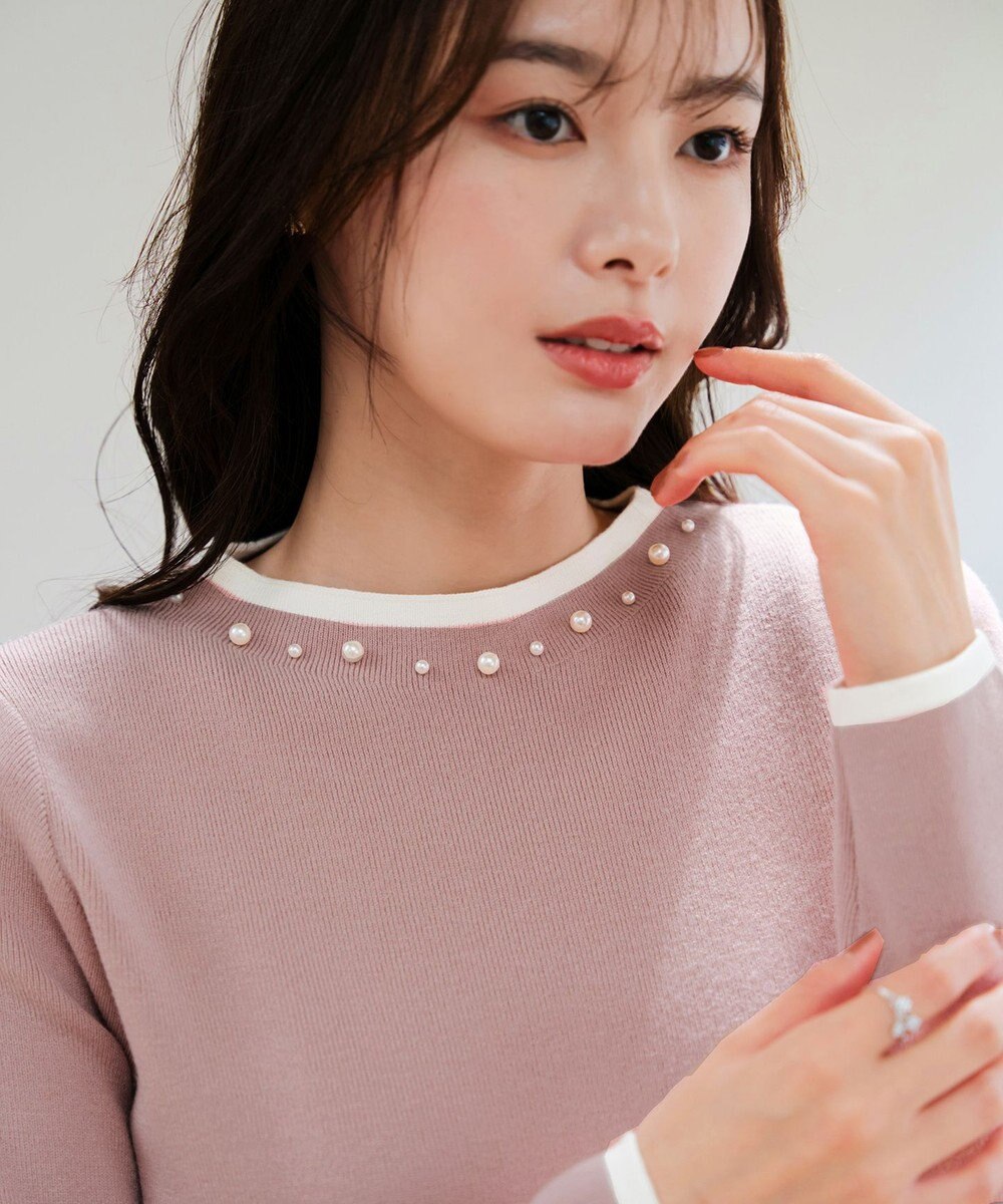 Tiaclasse L 【洗える】襟パール配色ニットトップス 