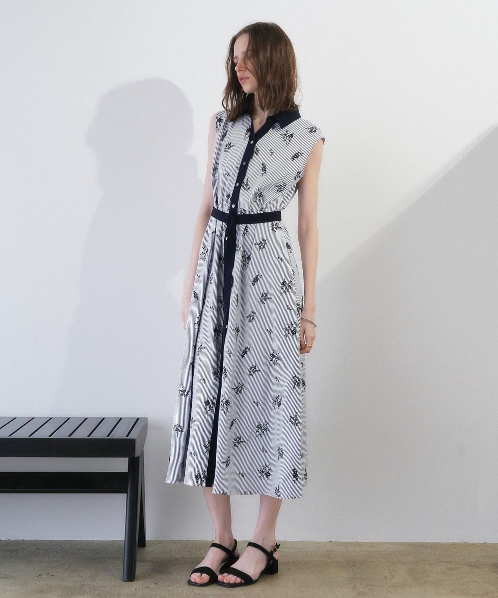 YECCA VECCA ストライプ柄フラワー刺繍ワンピース 