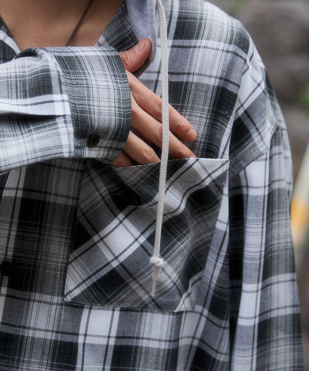 WEGO 【ユニセックス着用ITEM/MLサイズ展開】オンブレチェックフードシャツ（LS） 