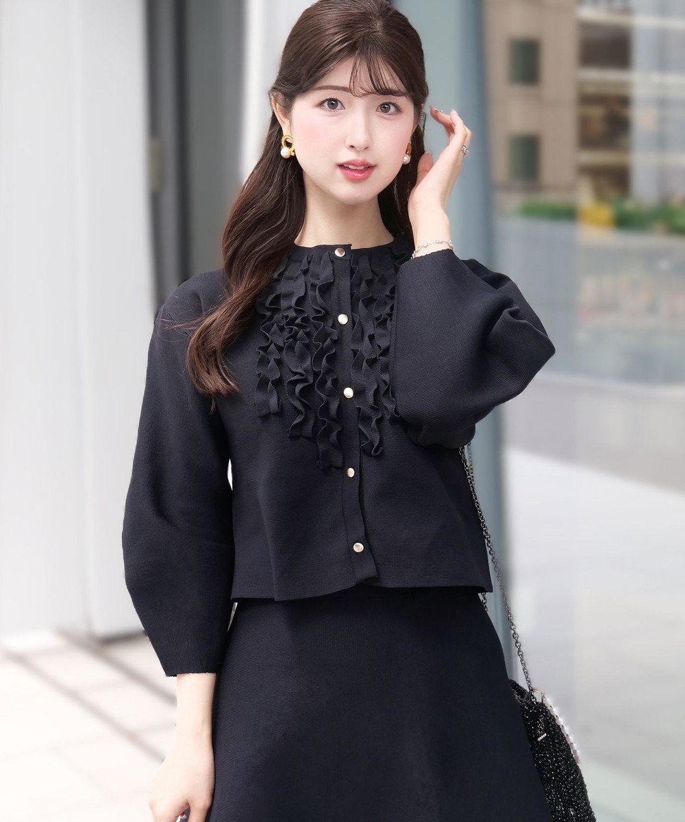 Feroux 【洗える】パフスリーブフリル ニットセットアップ 