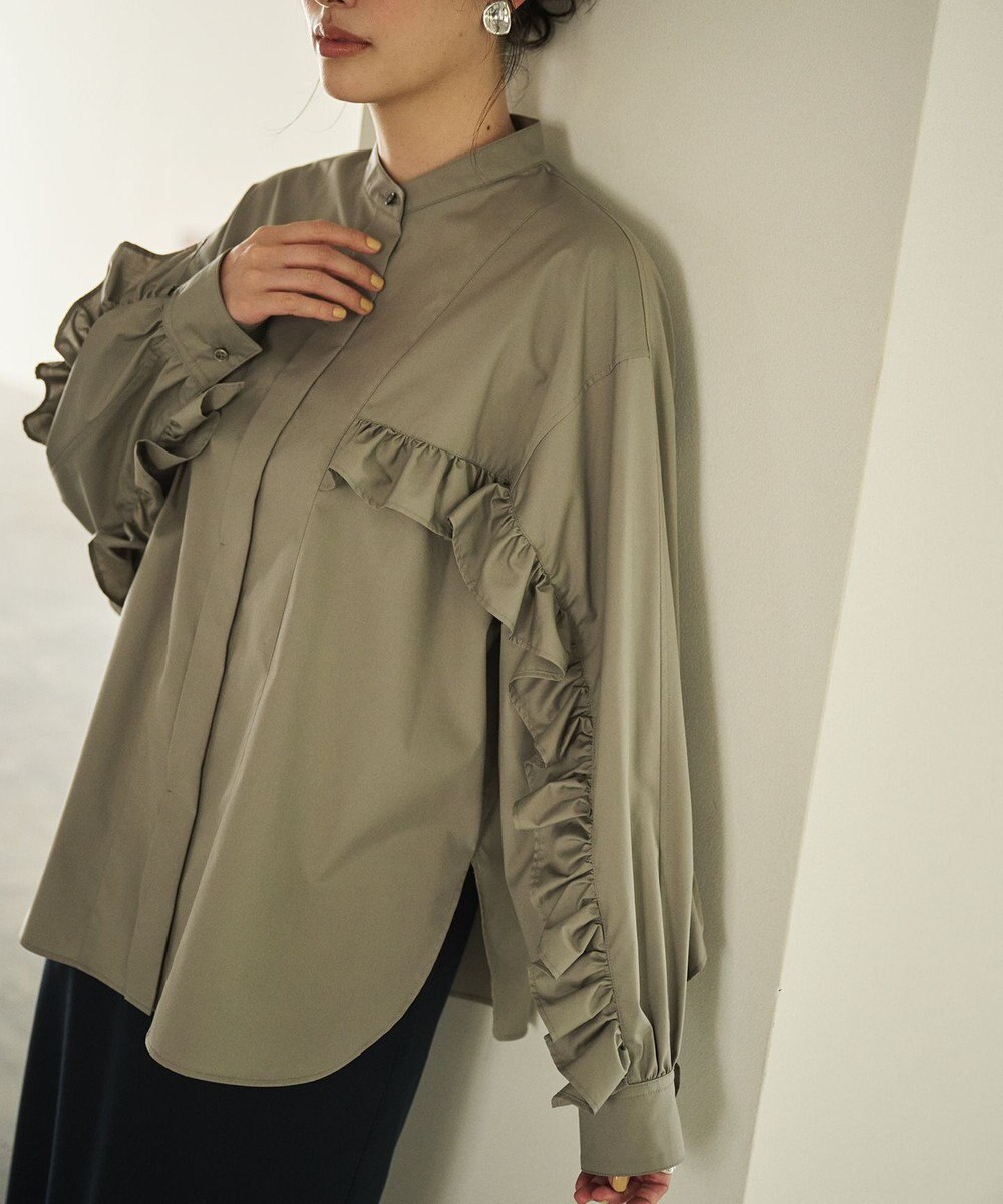 #Newans 【シワになりにくい/洗濯機可能】ラウンドフリルバンドカラーシャツ 