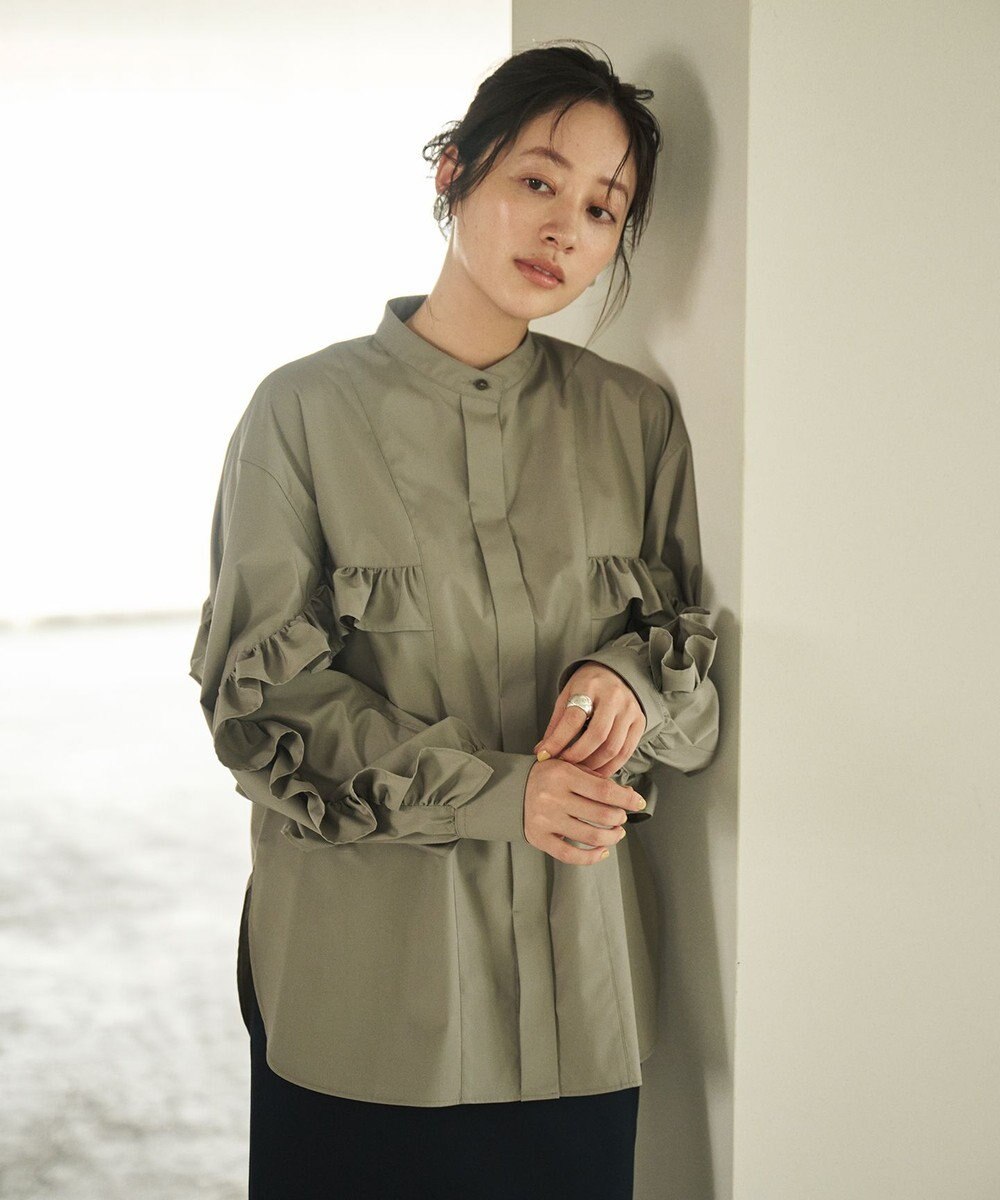 #Newans 【シワになりにくい/洗濯機可能】ラウンドフリルバンドカラーシャツ 