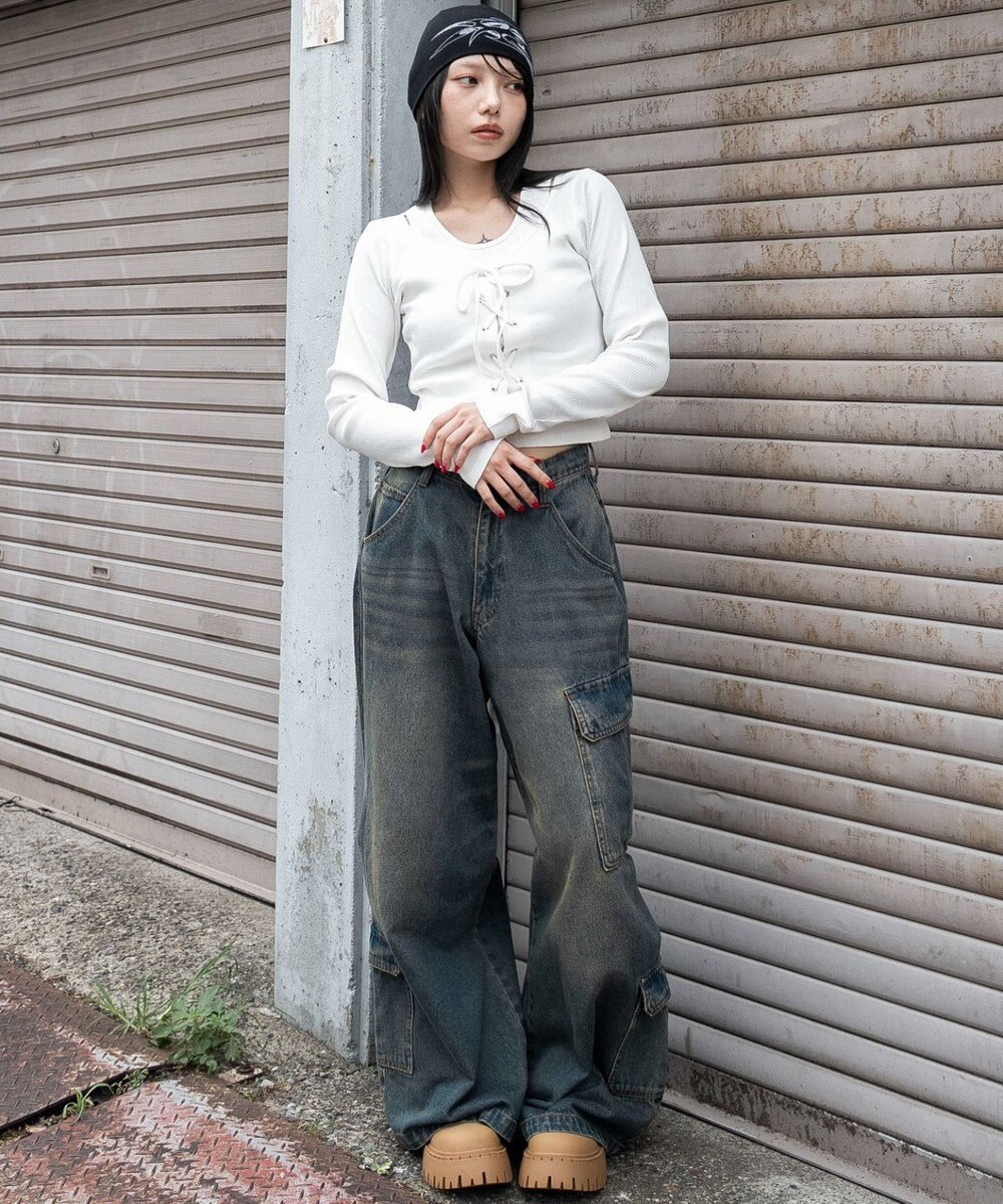 WEGO レイヤード風レースアップトップス 