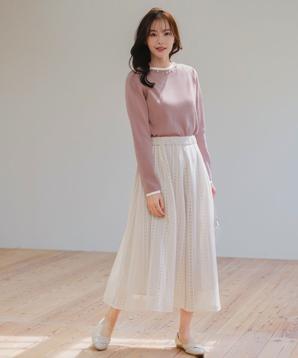 Tiaclasse L 【洗える】襟パール配色ニットトップス 