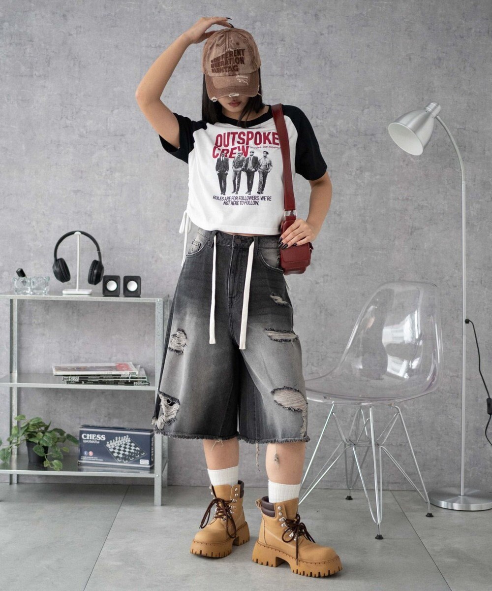 WEGO グラフィックショートサイドリボンドロストT 