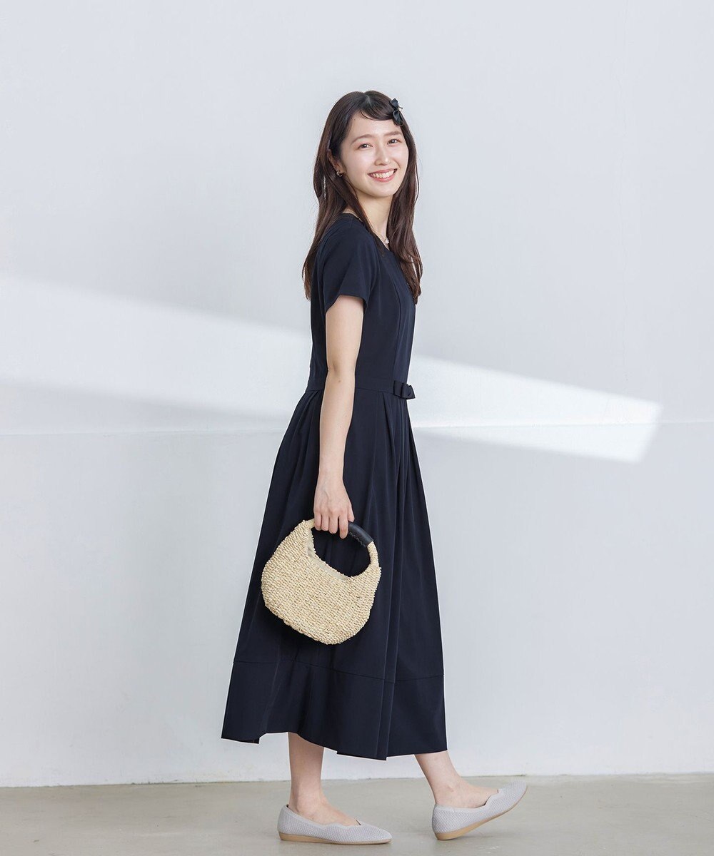 Tiaclasse L 【洗える】半袖リボンギャザーフレアワンピース 