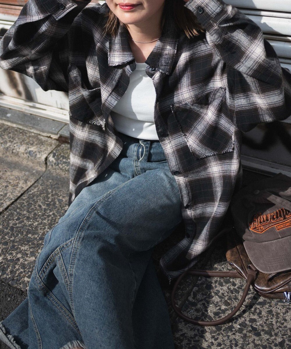 WEGO フリンジチェックBIGネルシャツ 