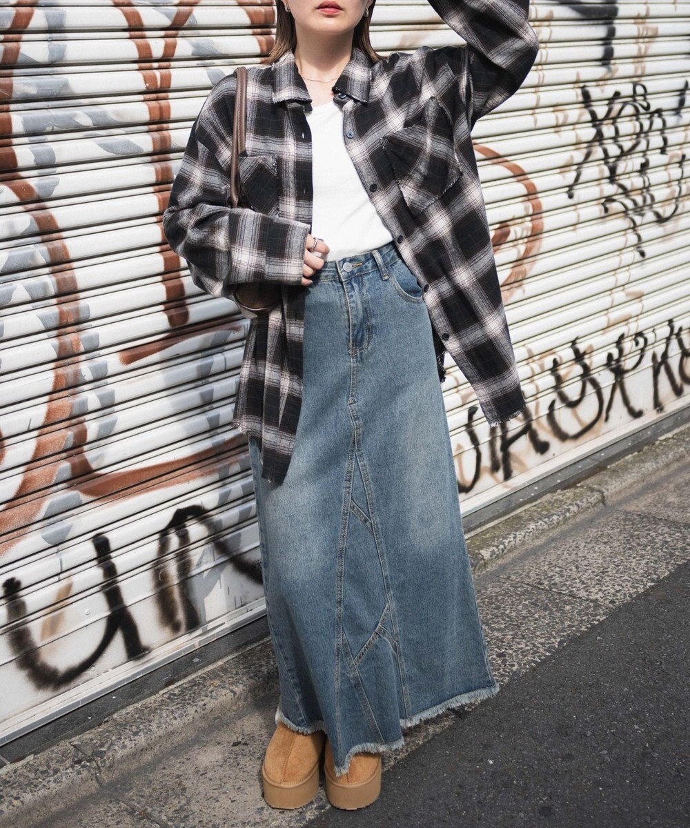 WEGO フリンジチェックBIGネルシャツ 