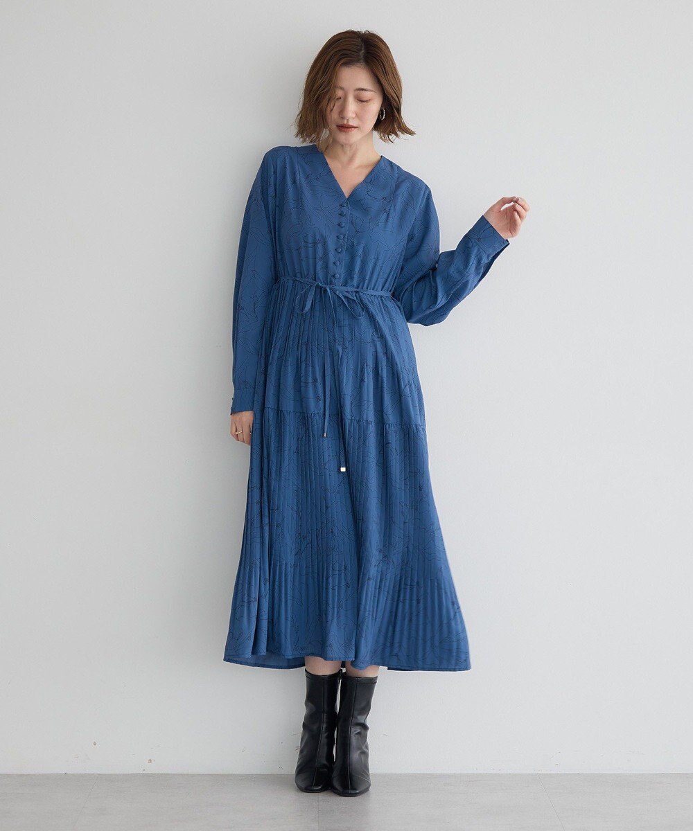 YECCA VECCA ラインボタニカル柄プリーツワンピース 