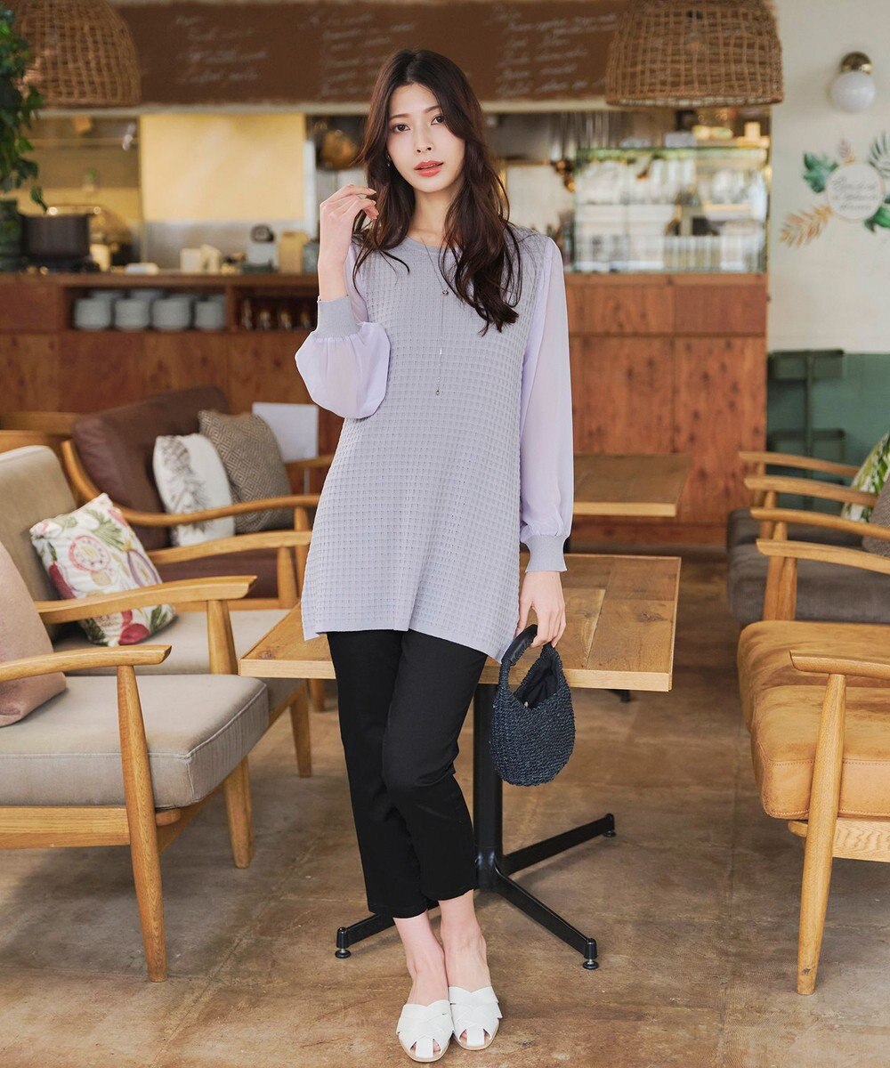 Tiaclasse L 【新色追加・洗える】シアーチェック柄ニットチュニック 