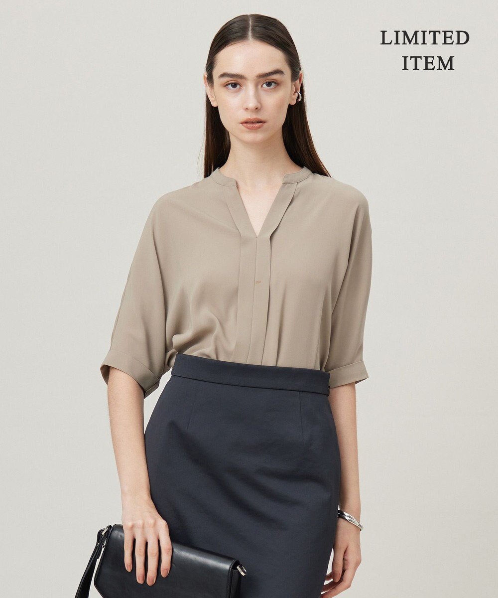 ICB 【人気のため新色追加・WEB限定・接触冷感・UVケア・速乾・洗える】BackSatinAmunzen 5分袖キーネックブラウス 