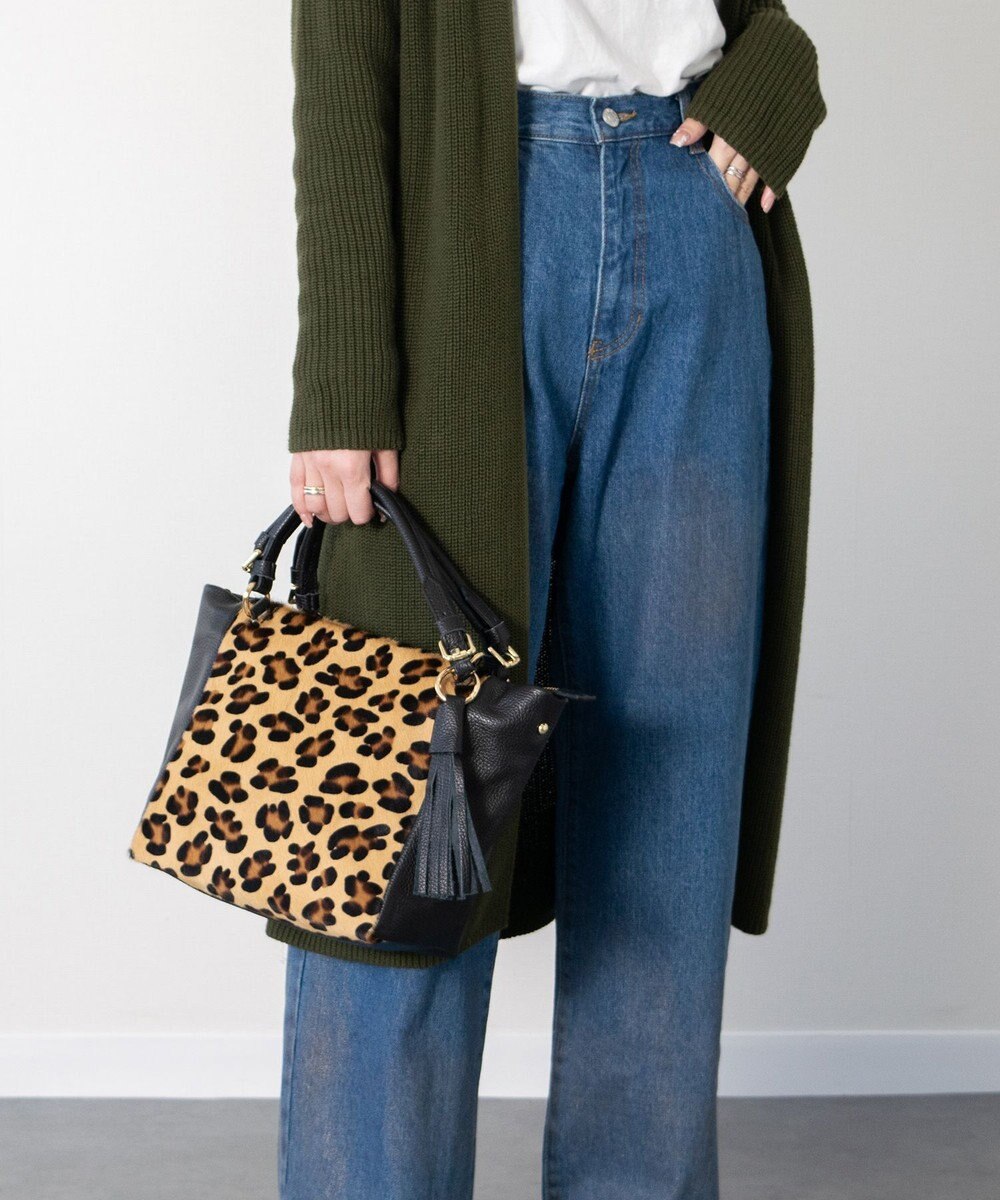 INTER-CHAUSSURES 【ANDREA CARDONE】レザーハンドルレオパード柄ハンドバッグ 