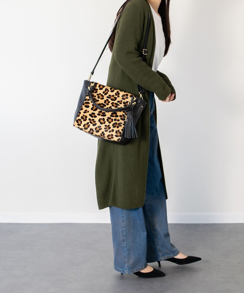 INTER-CHAUSSURES 【ANDREA CARDONE】レザーハンドルレオパード柄ハンドバッグ 