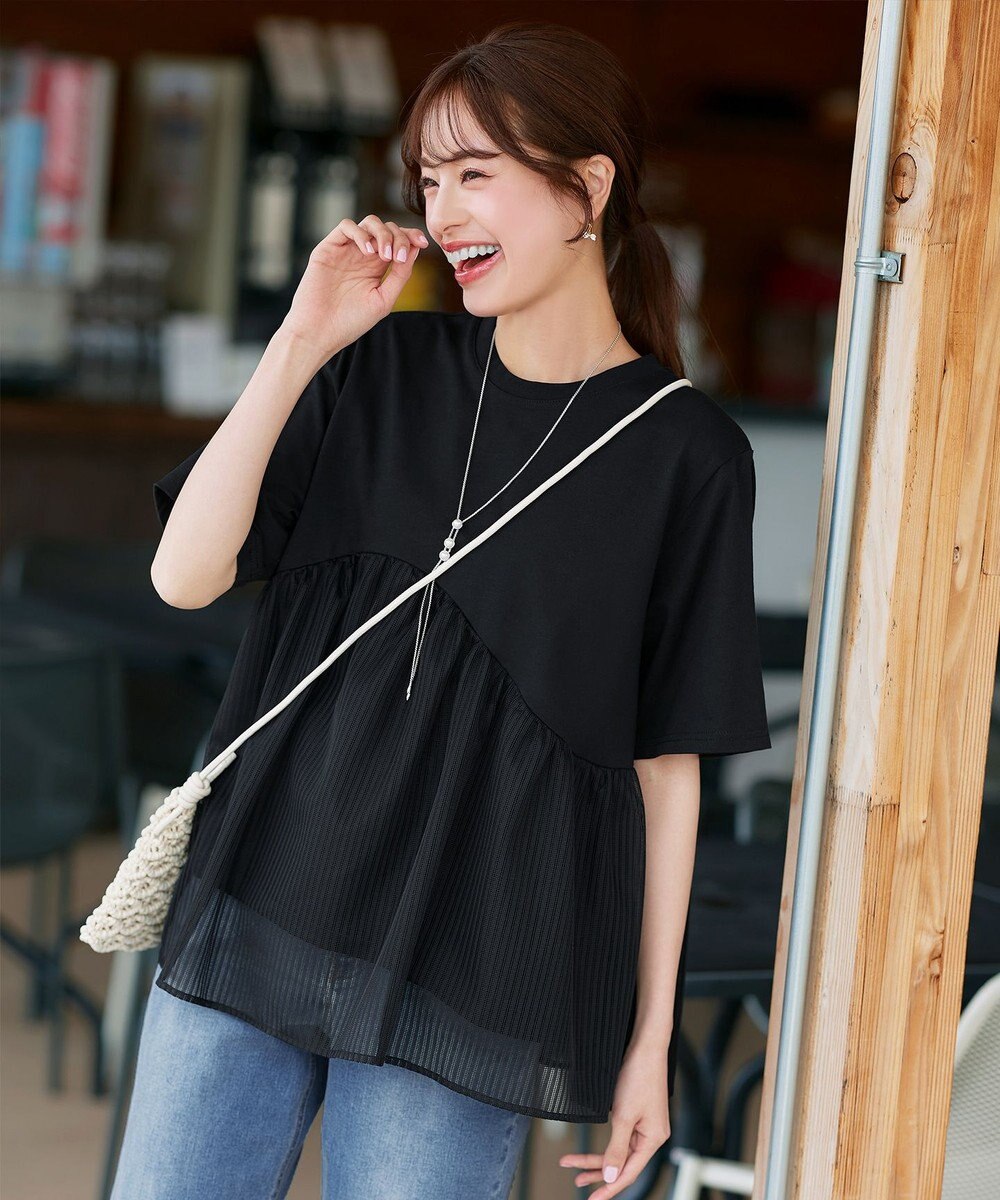 Tiaclasse 【洗える】 ストライプチュール切替トップス 