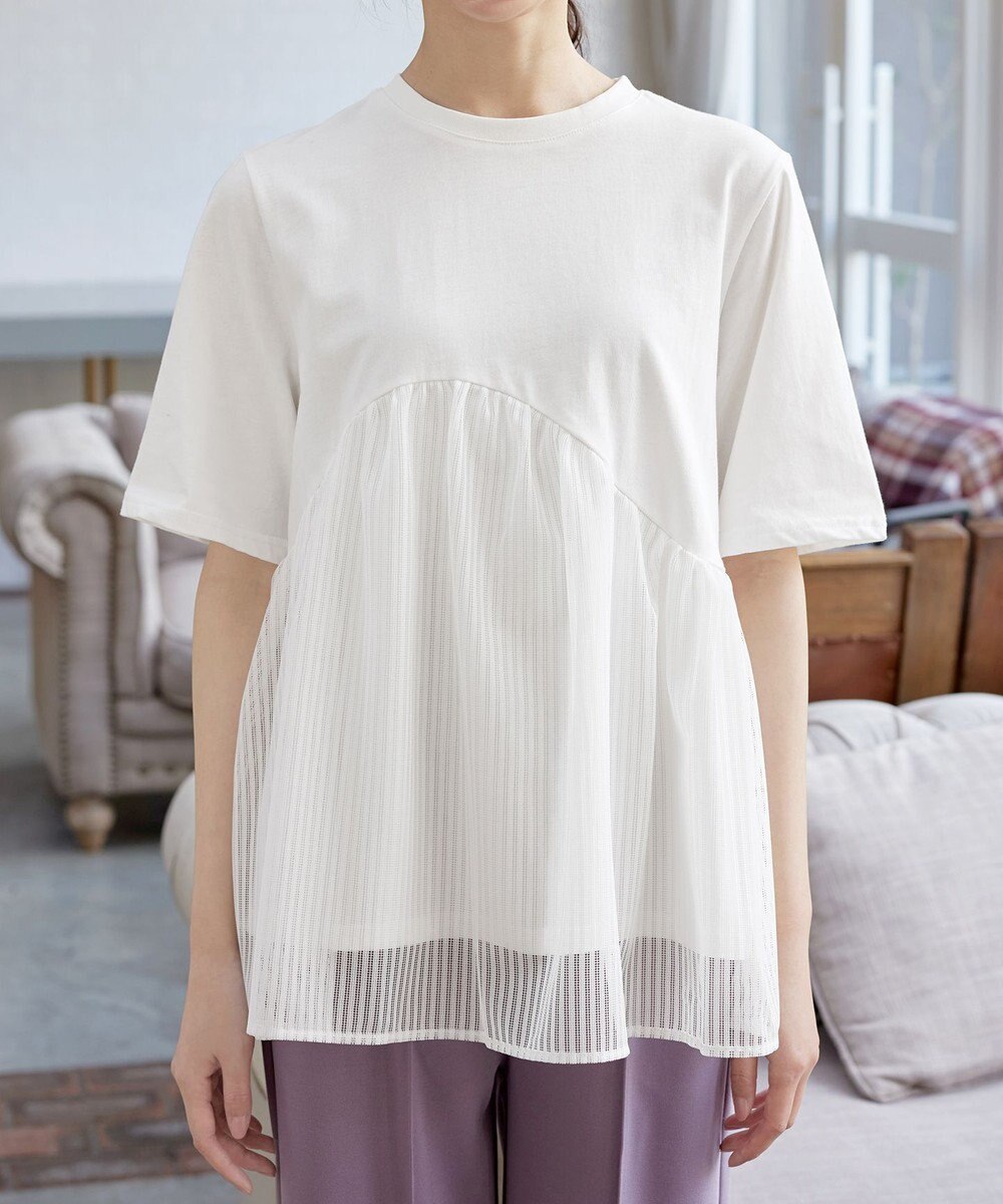 Tiaclasse 【洗える】 ストライプチュール切替トップス 