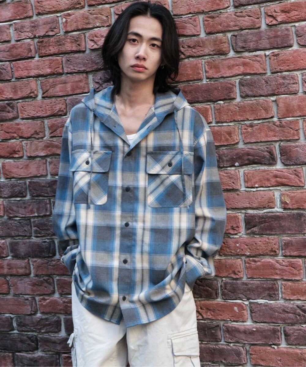 WEGO オンブレチェックフードシャツ（LS） 