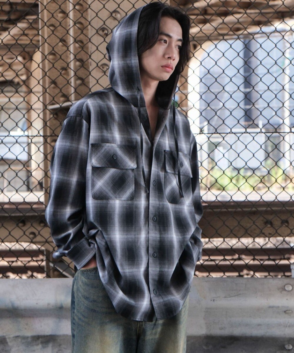 WEGO オンブレチェックフードシャツ（LS） 