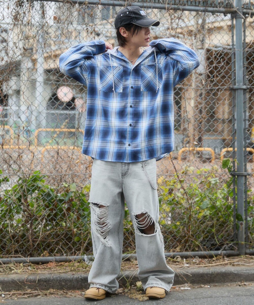 WEGO 【ユニセックス着用ITEM/MLサイズ展開】オンブレチェックフードシャツ（LS） 