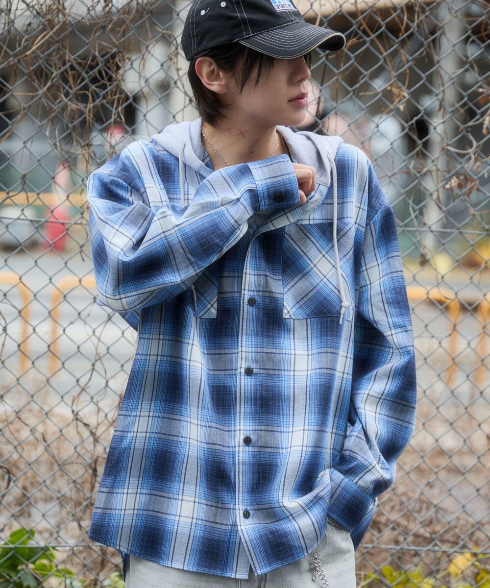 WEGO 【ユニセックス着用ITEM/MLサイズ展開】オンブレチェックフードシャツ（LS） 
