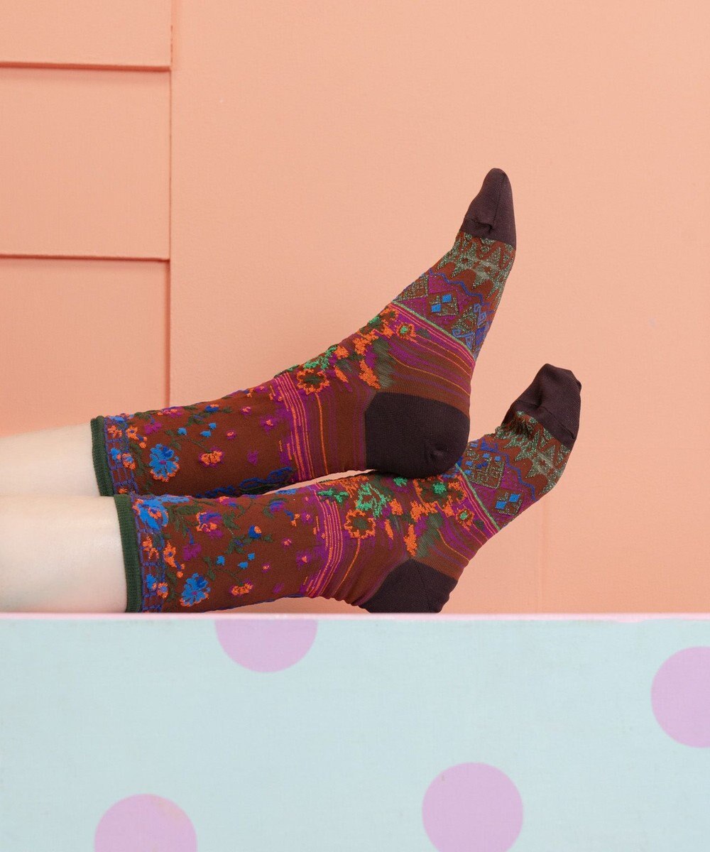 COQ antigua flower ラメ花柄ソックス 
