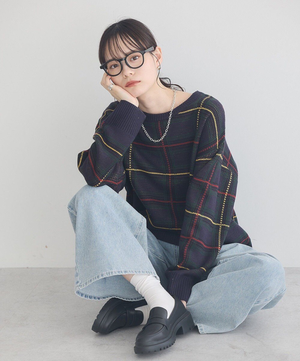 earth music&ecology チェックジャガードニットプルオーバー 