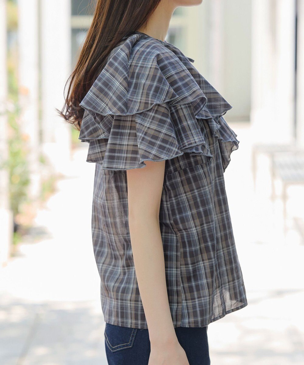 Tiaclasse L 【洗える】チェック柄フリルブラウス 