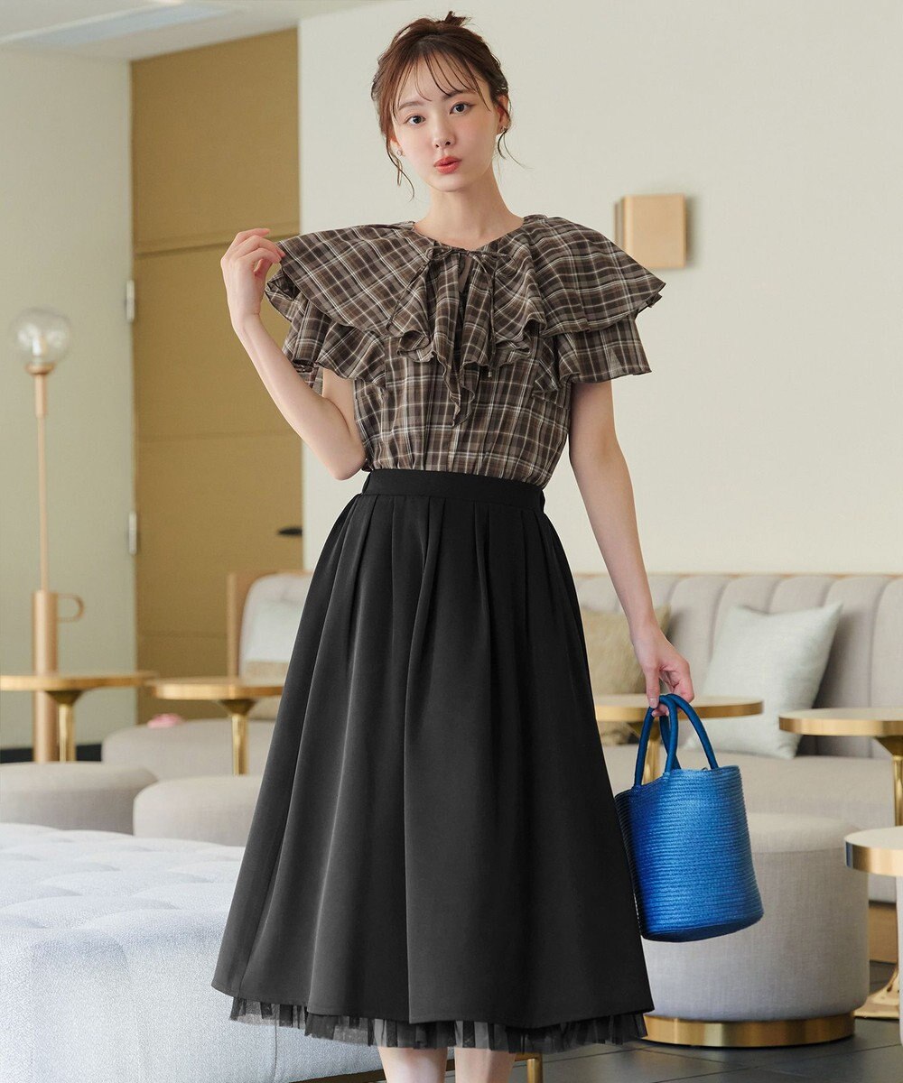 Tiaclasse L 【洗える】チェック柄フリルブラウス 