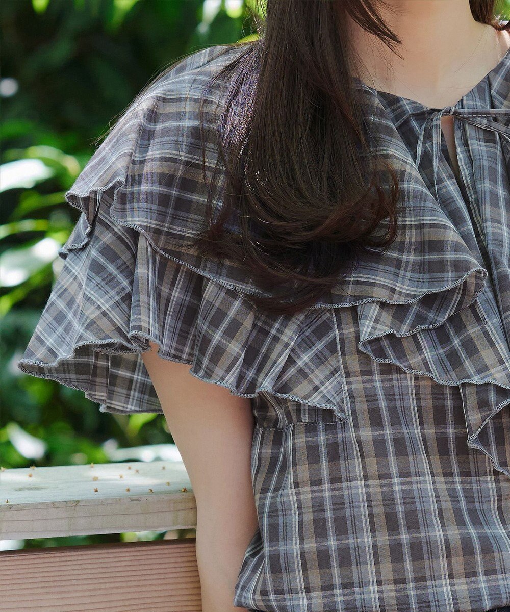 Tiaclasse L 【洗える】チェック柄フリルブラウス 