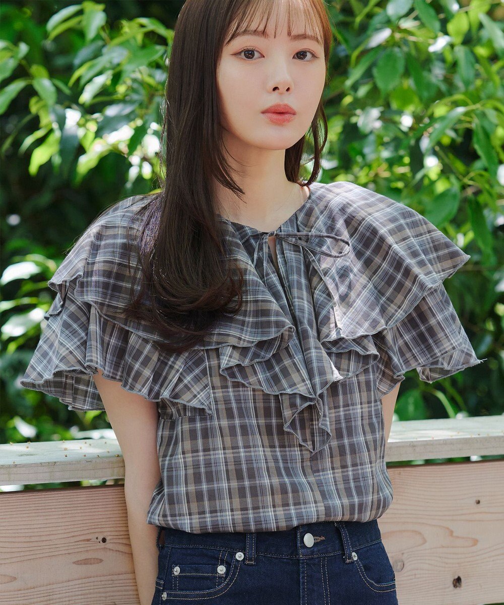 Tiaclasse L 【洗える】チェック柄フリルブラウス 