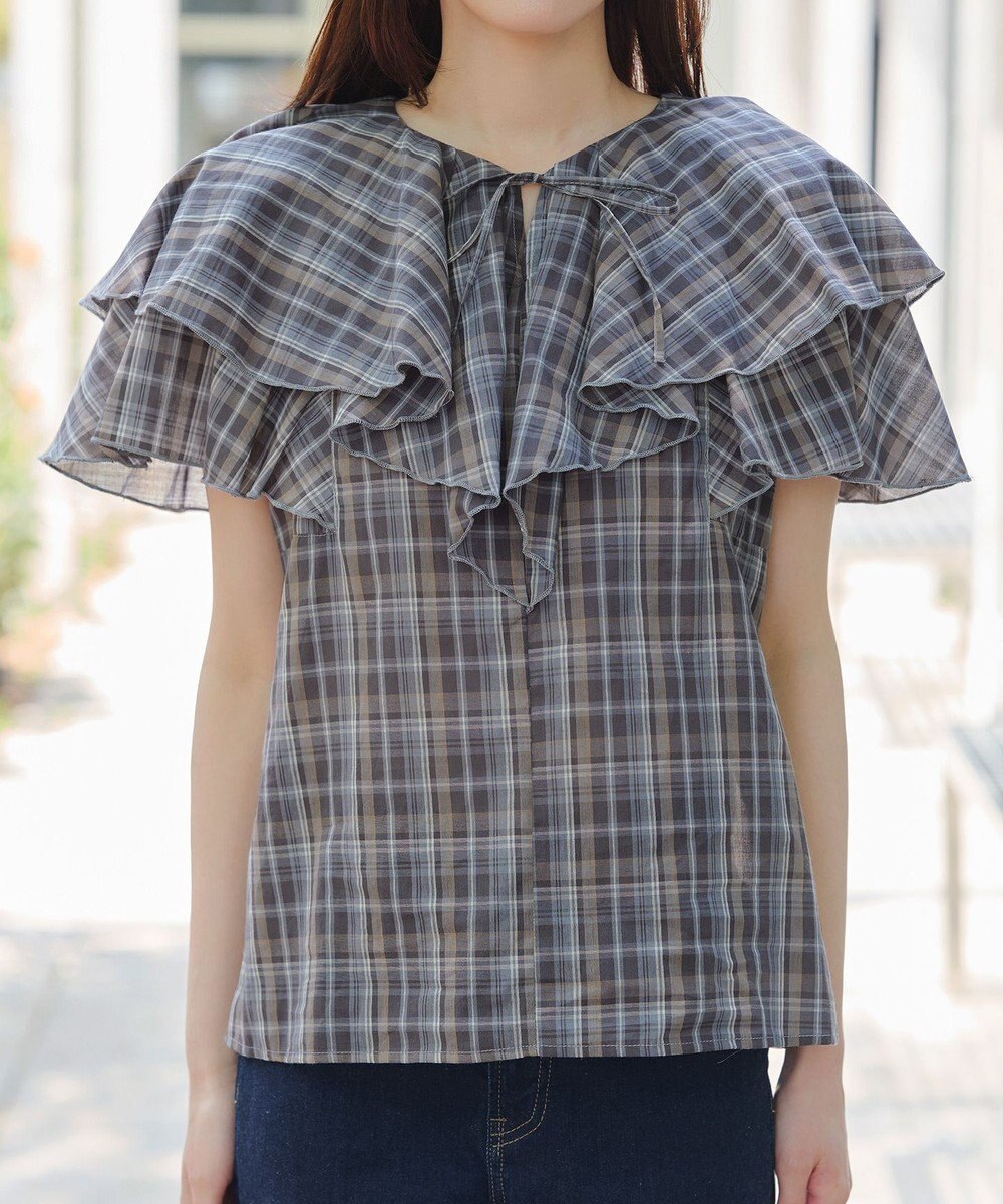 Tiaclasse L 【洗える】チェック柄フリルブラウス 