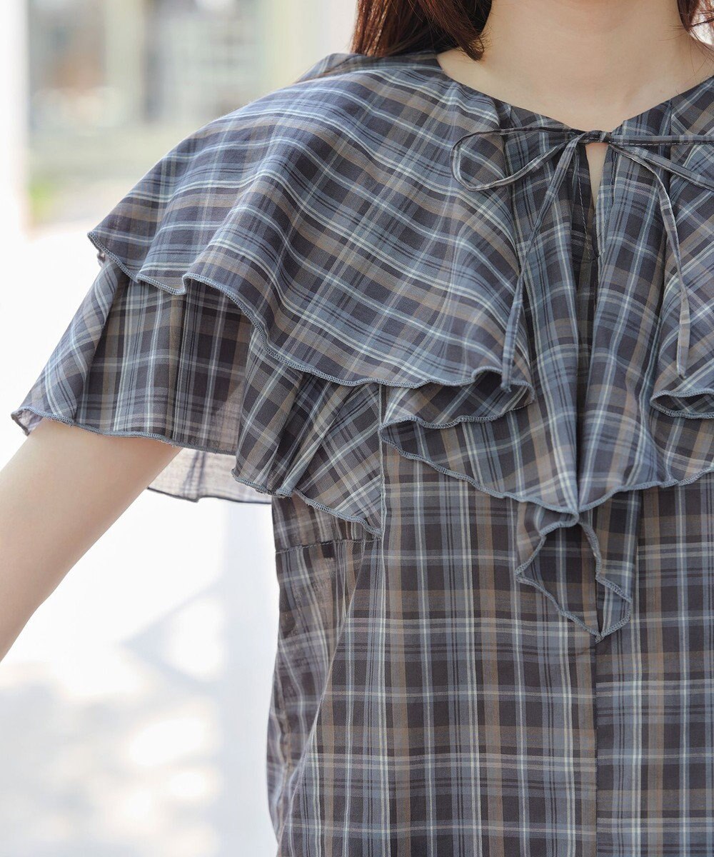 Tiaclasse L 【洗える】チェック柄フリルブラウス 