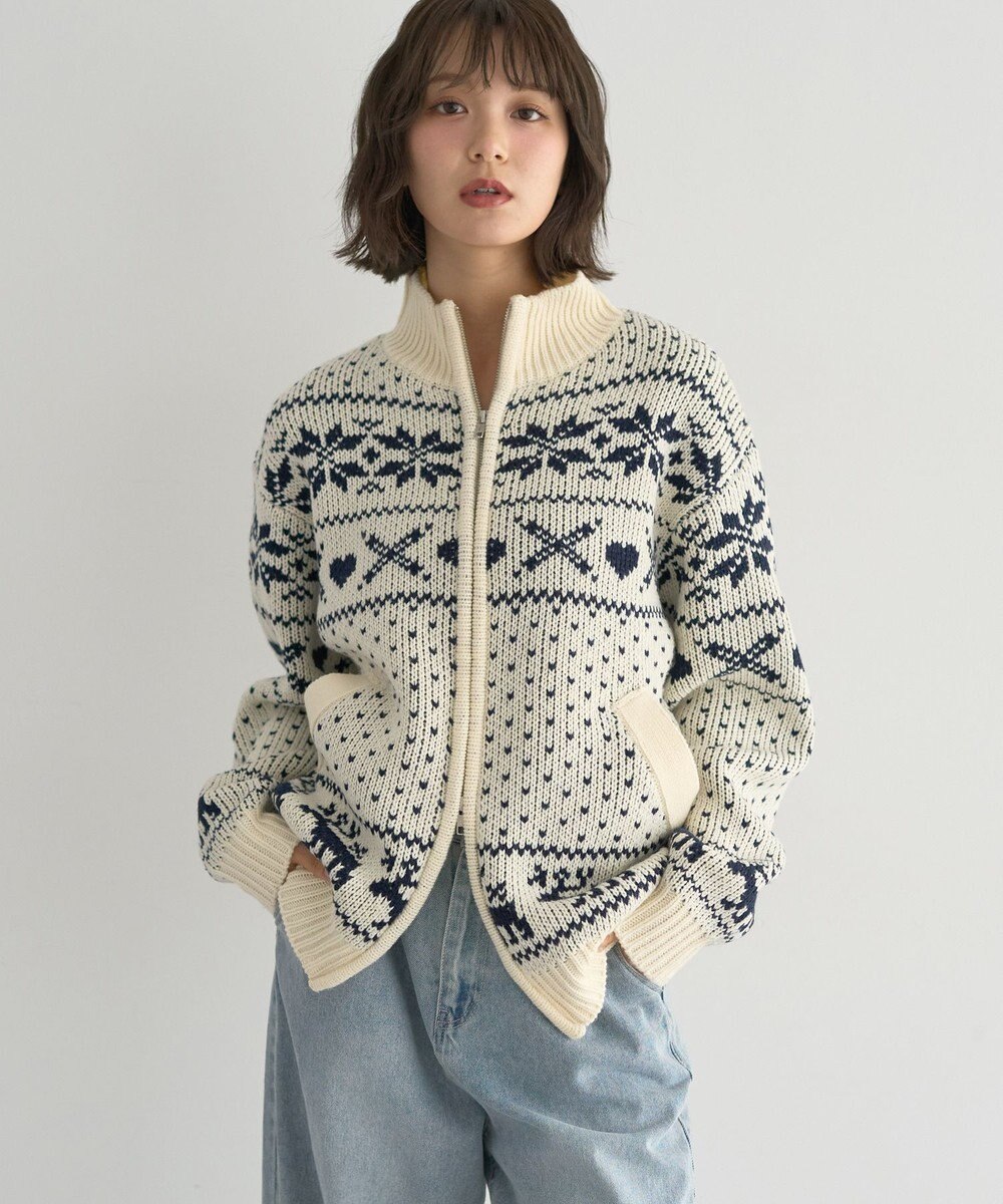 earth music&ecology ダブルzipノルディックカウチンニットカーディガン 
