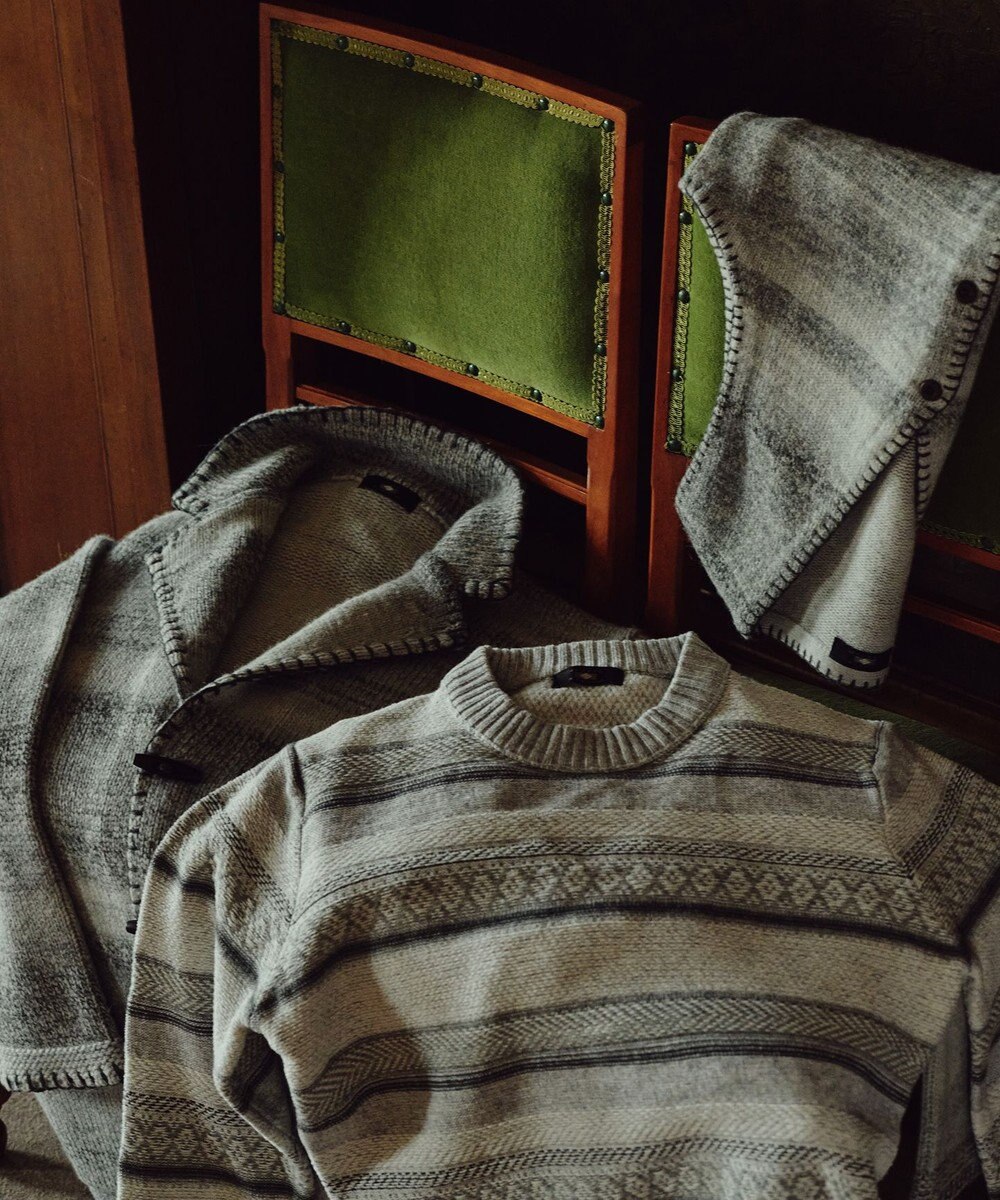 JOSEPH ABBOUD 【キングサイズ・インポート素材/アルパカブレンド/軽い】アルパカブレンドかすりボーダー ニット ジャケット 