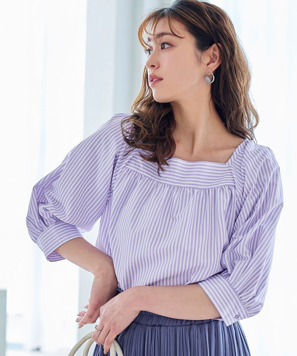 Tiaclasse L 【洗える】ストライプパフスリーブブラウス 