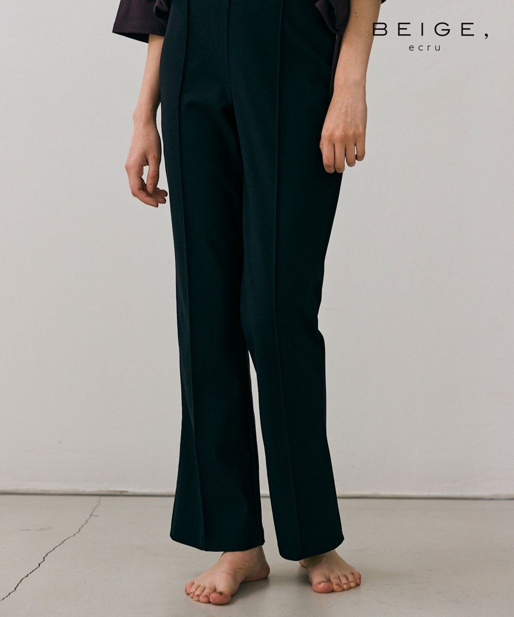 BEIGE， 【WEB限定】RIB BOTTOMS / ウエストゴムストレッチリブフレアパンツ Black