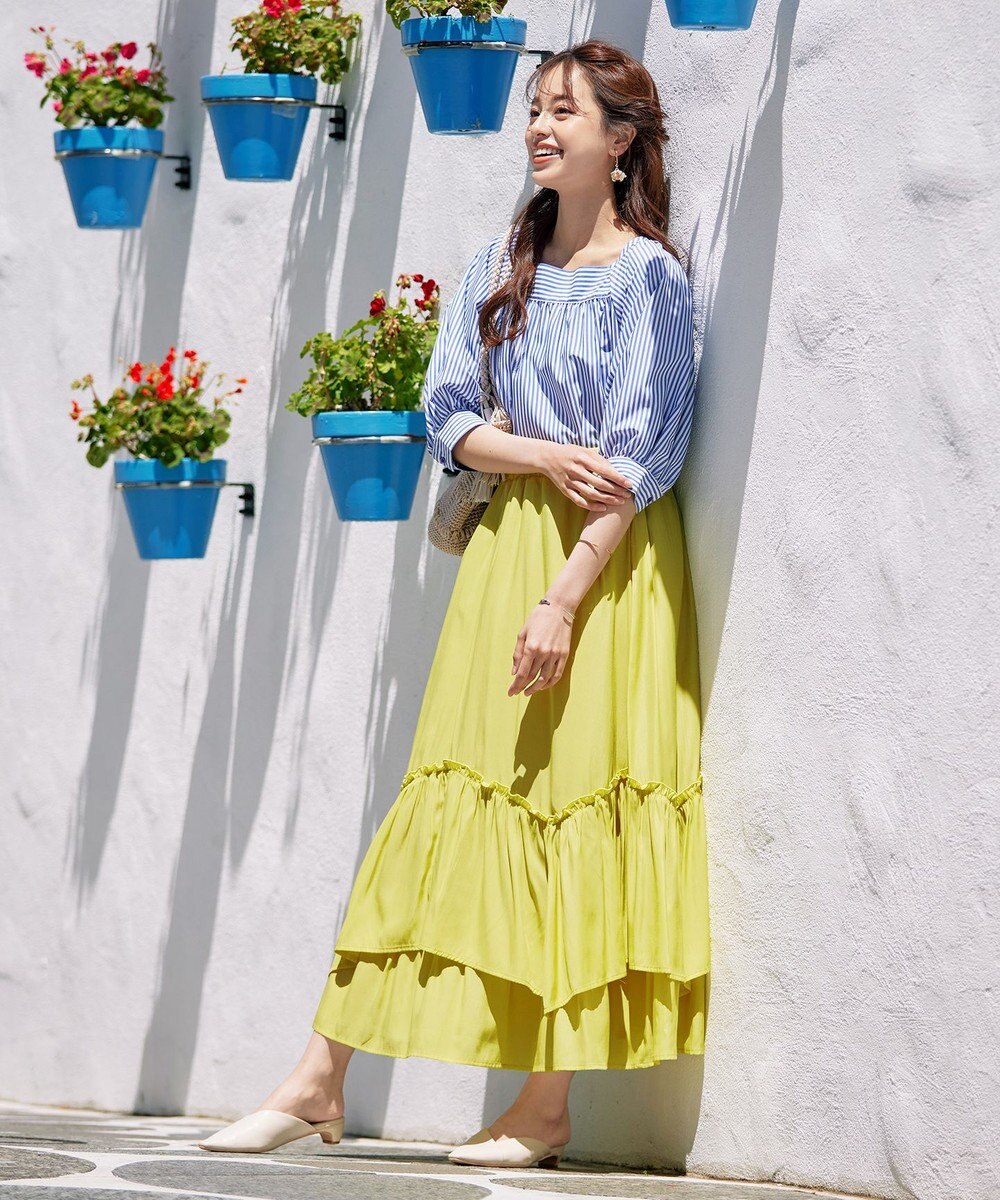 Tiaclasse L 【洗える】ストライプパフスリーブブラウス 