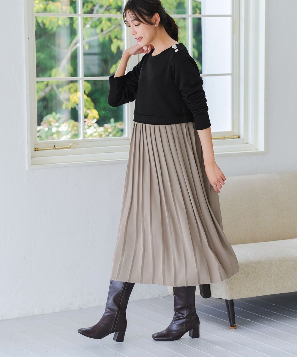 Tiaclasse L 【洗える】裏起毛ドッキングワンピース 