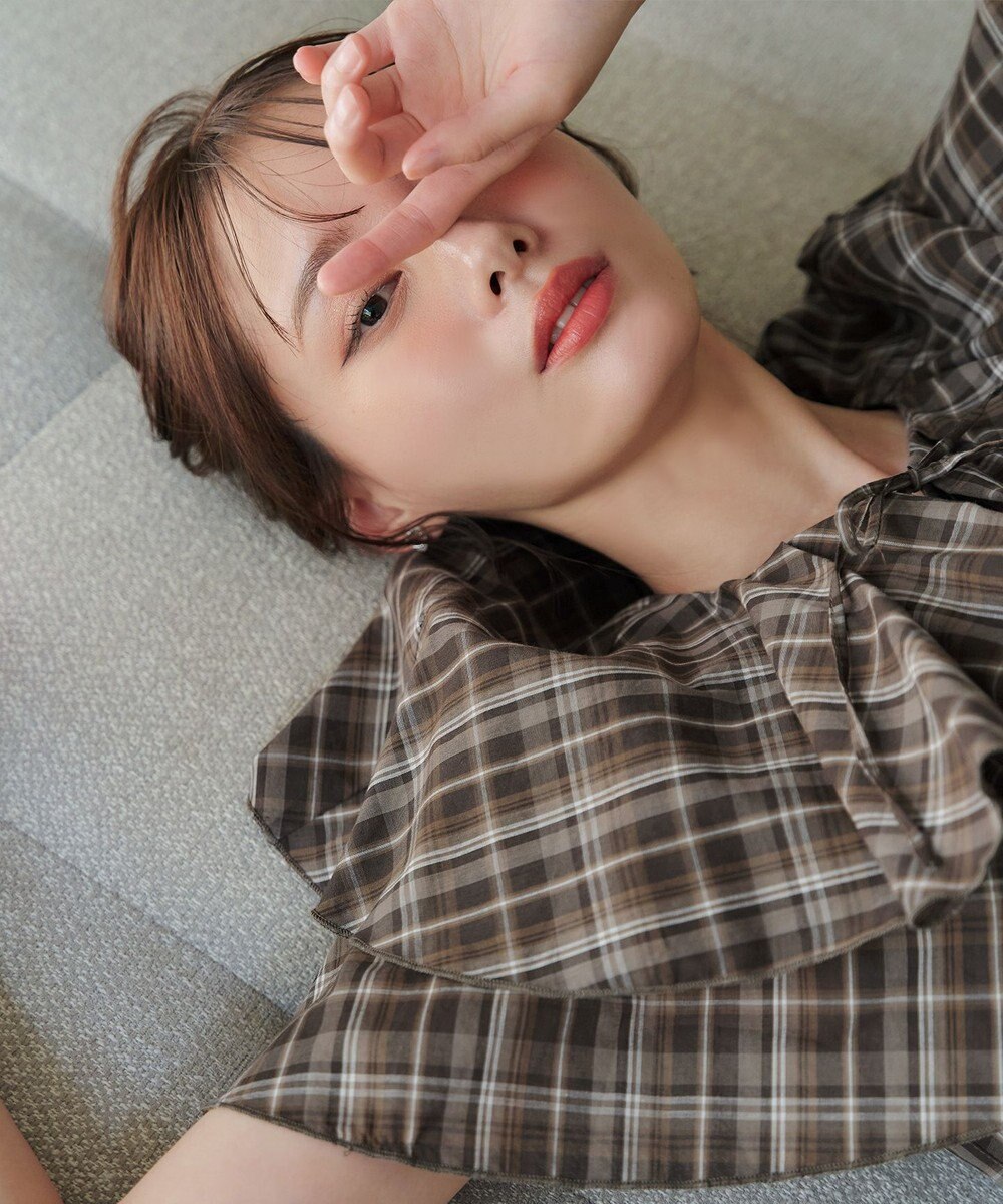 Tiaclasse L 【洗える】チェック柄フリルブラウス 