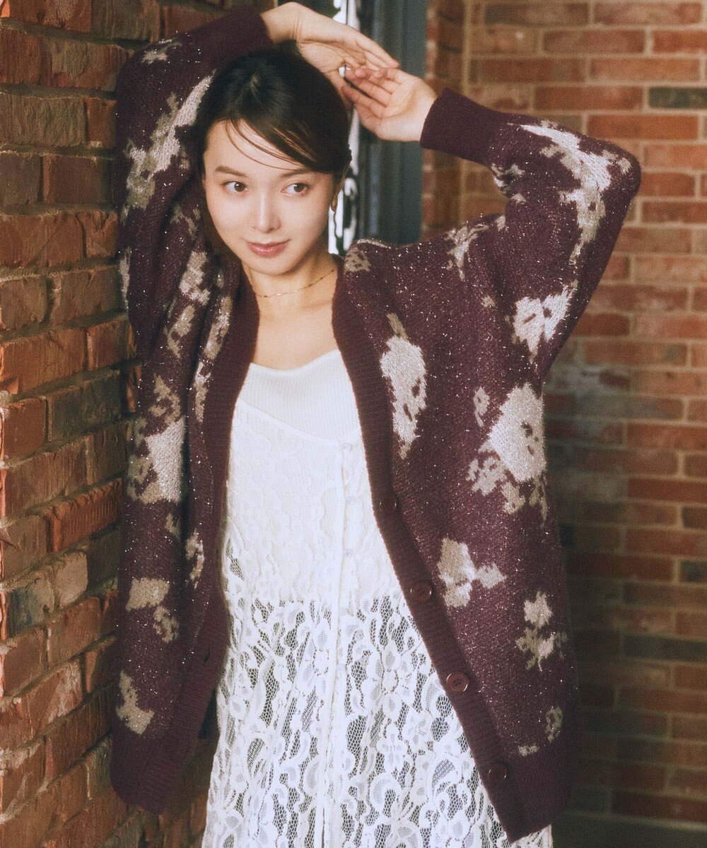 earth music&ecology フラワージャガードラメシャギーカーディガン 