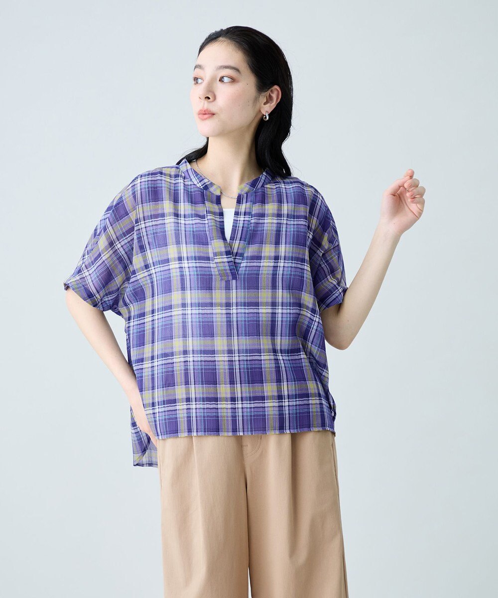 ANY シアーチェックスキッパーブラウス 