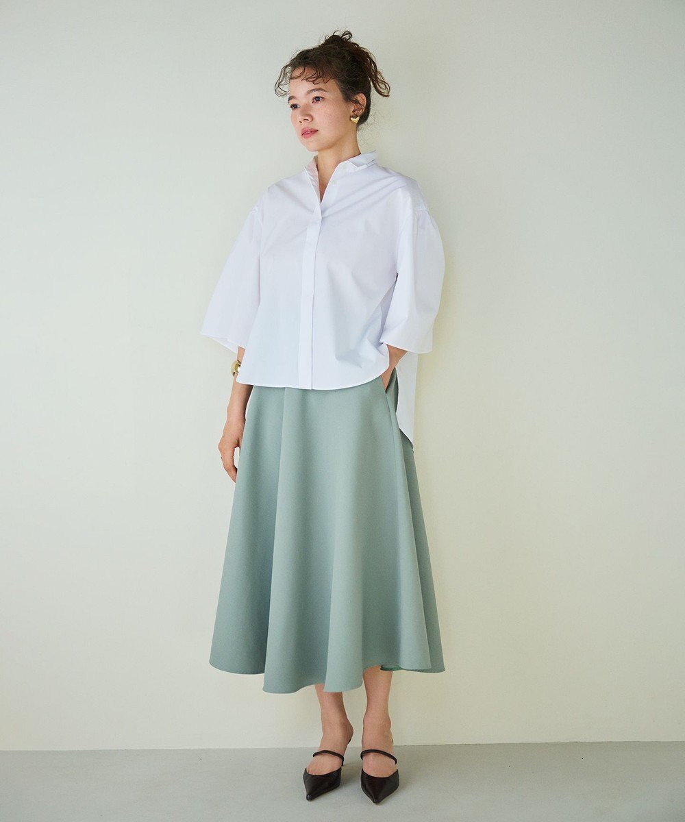 #Newans 【洗濯機可能/シワになりにくい】〈お尻・太ももをカバー〉フレアスリーブイタリアンカラーシャツ 