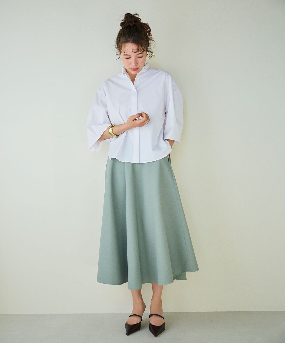 #Newans 【洗濯機可能/シワになりにくい】〈お尻・太ももをカバー〉フレアスリーブイタリアンカラーシャツ 