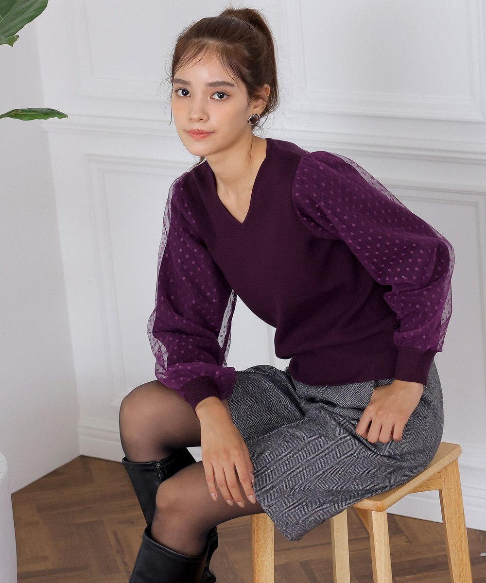 Tiaclasse L 【洗える】ドットチュールコンビニットトップス 