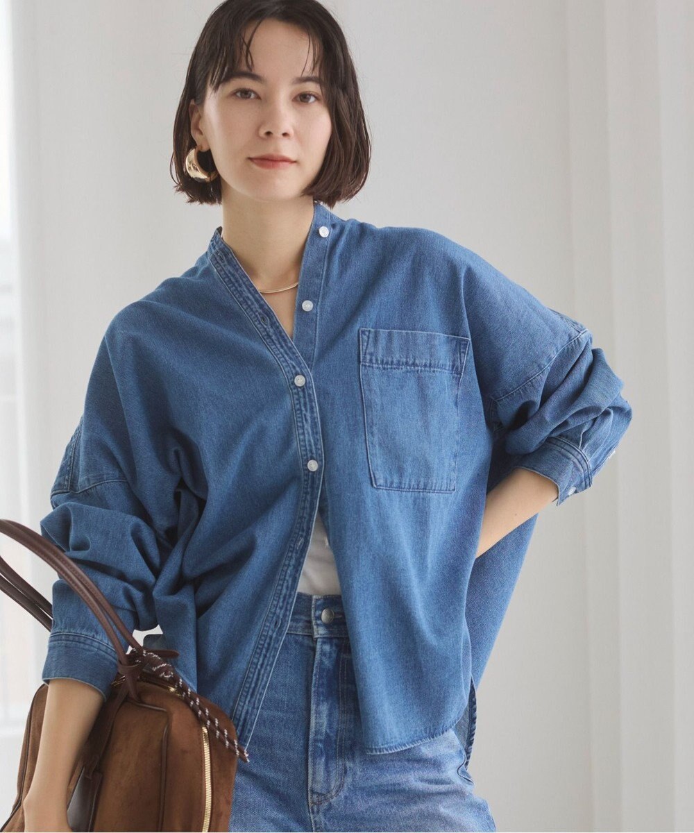WEGO 【ANGIE VINTAGE】オーバーサイズ バンドカラー デニムシャツ 