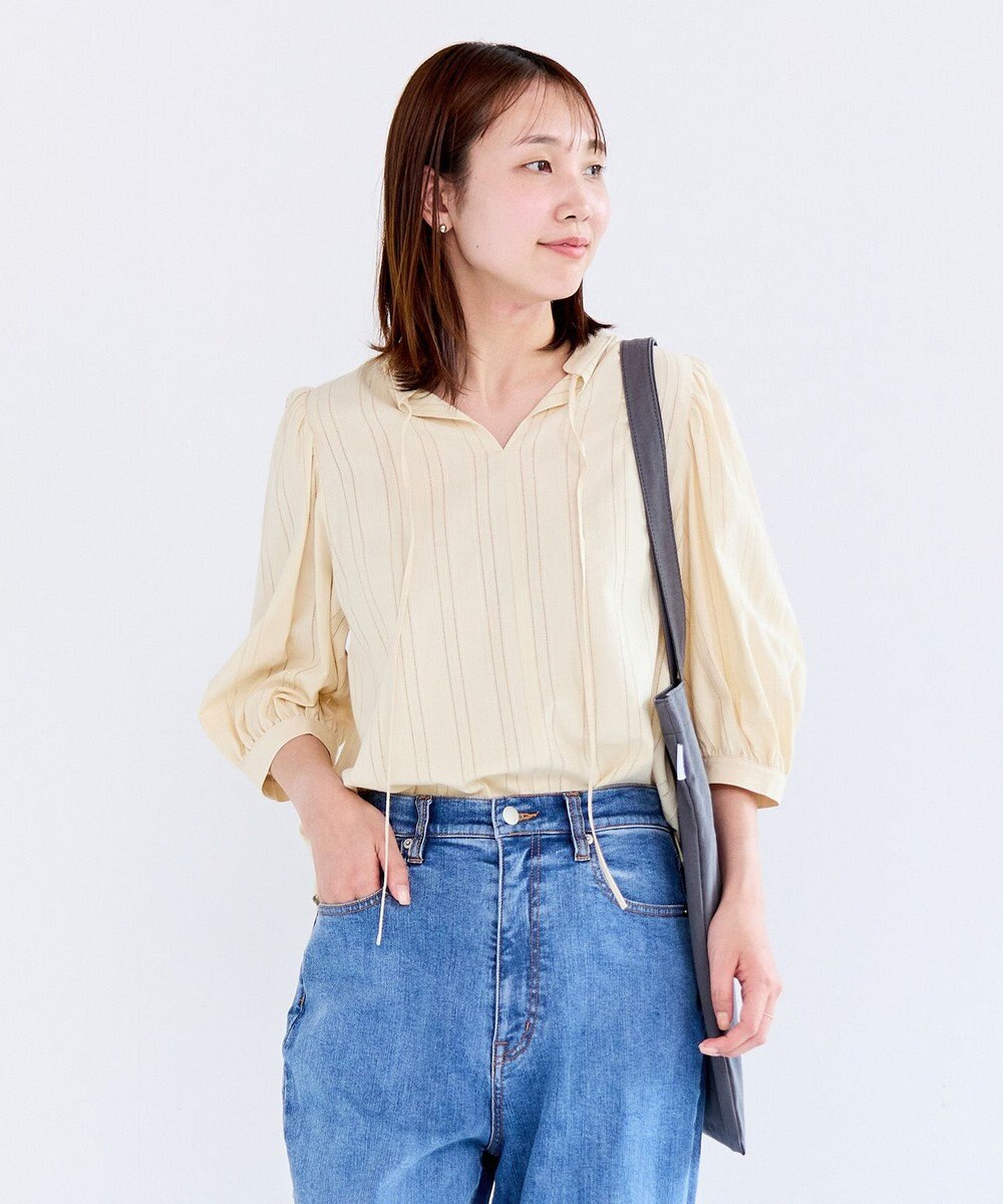 UNFILO ストライプレース 2WAY パフスリーブブラウス 