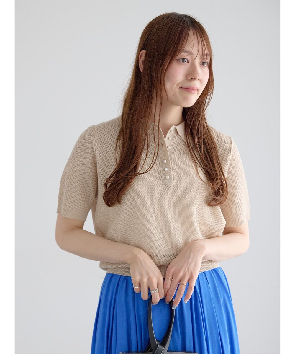 Te chichi 【マシンウォッシャブル】パール釦メッシュニットポロ 