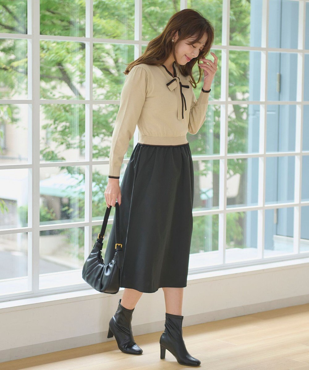 Feroux 【洗える】ニットドッキング ボウタイワンピース 