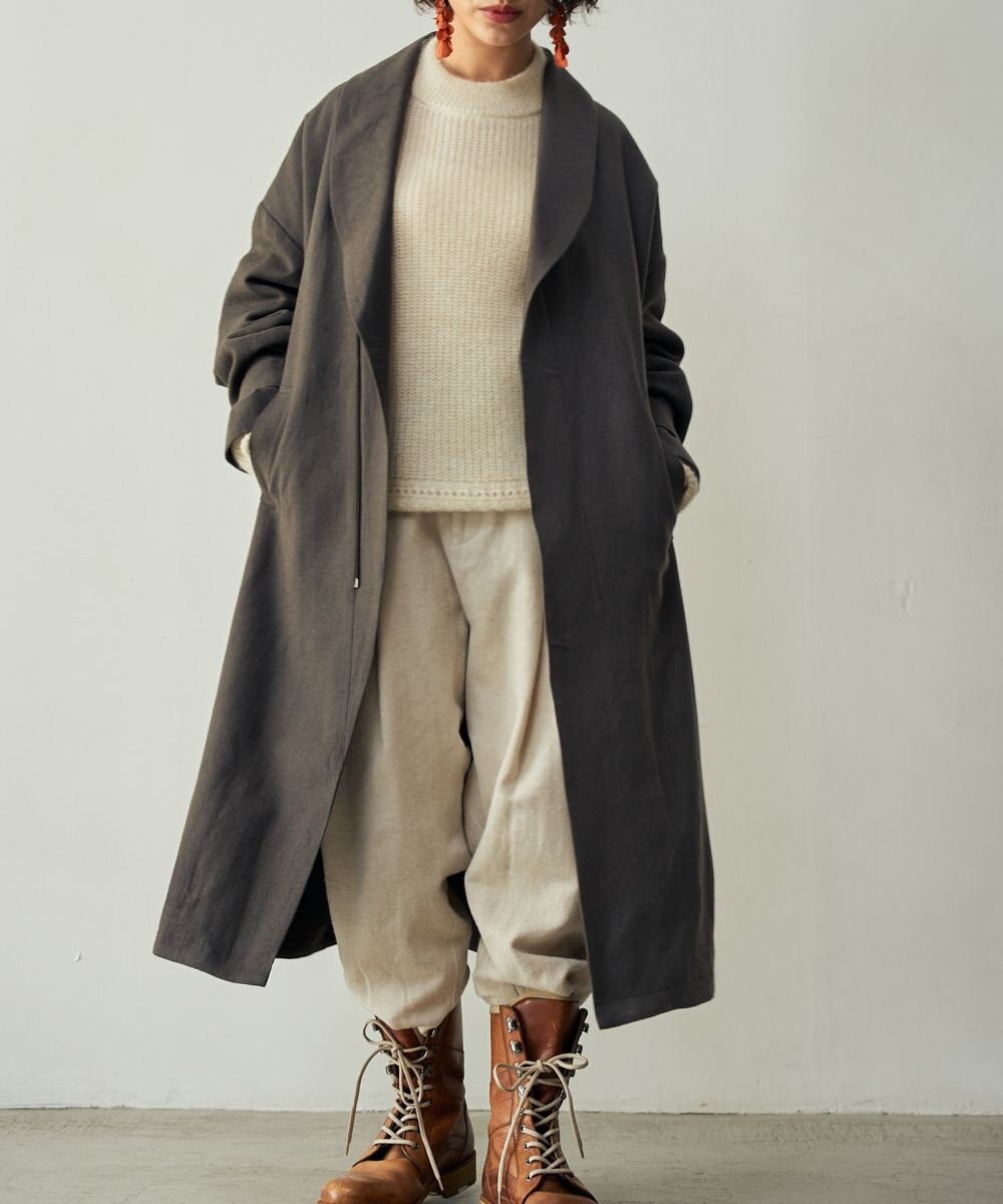 muuc 〈軽やかな尾州産リネンウール〉ショールカラーコート　ロングシーズン 秋冬春 ゆったりシルエット セットアップ可能 